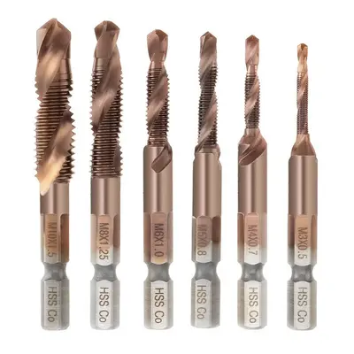 6Pcs M3-M10 M35 Cobalt Plating HSS Hex Shank Spiral Groove Drill Tap Bit Set Co-HSS Metal Thread