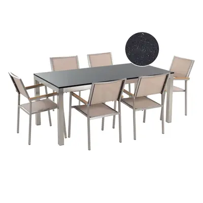 6 Seater Garden Dining Set Black Granite Top with Beige Chairs GROSSETO