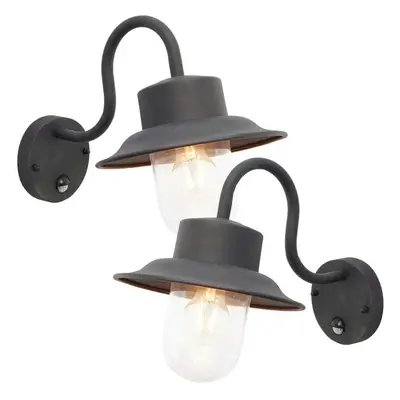 2 PACK IP44 Outdoor Wall Lamp Black Steel Fisherman PIR Lantern Porch Curved