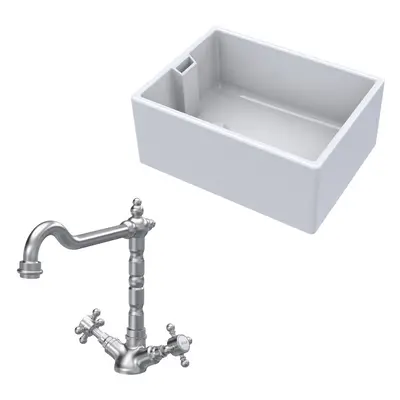 Fireclay Kitchen Bundle - Single Bowl Belfast Sink & French Classic Mono Tap, 615mm - Brushed Ni