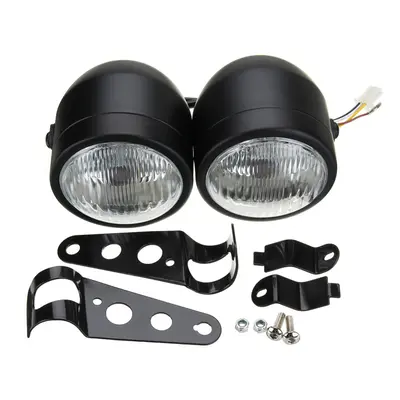 (Black) 12V H4 35W Dual Twin Motorcycle Headlight Dominator Tracker Streetfighter Headlamp+Brack