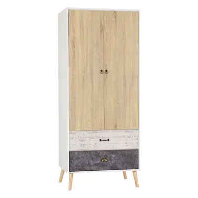 Nordic Door Drawer Wardrobe in White and Distressed Finish Hanging Rail