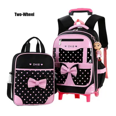 (Black, Two-wheel) 25L 2Pcs Children Trolley Backpack Shoulder Bag Camping Trolley Case With Whe