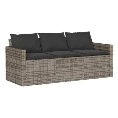 vidaXL Garden Sofa with Cushions 3-Seater Outdoor Sofa Couch Grey Poly Rattan