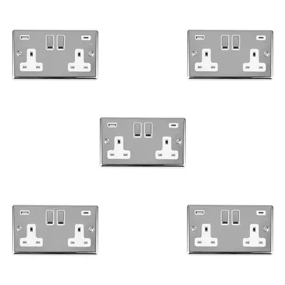 5 PACK Gang UK Plug Socket & Dual 3.1A USB-C & A CHROME & WHITE 13A Switched