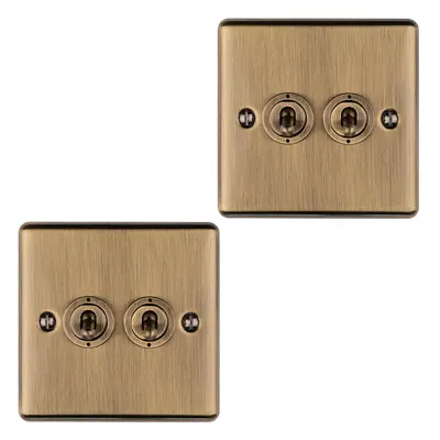 2 PACK Gang Double Retro Toggle Light Switch ANTIQUE BRASS 10A Way Plate