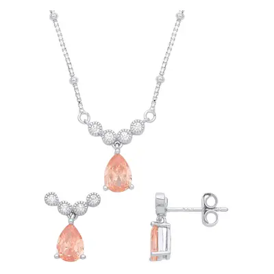 Jewelco London Ladies Rhodium Plated Sterling Silver Peach Pear CZ Bead Halo Cluster Drop Earrin