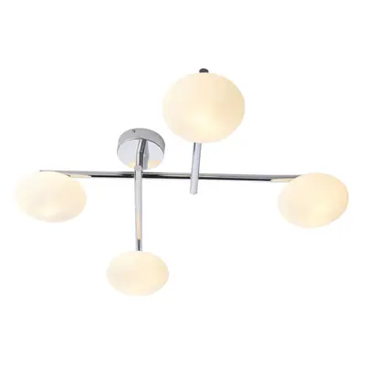 Polished Chrome Semi Flush Bathroom Ceiling Light & Opal Glass Shade - Four Bulb