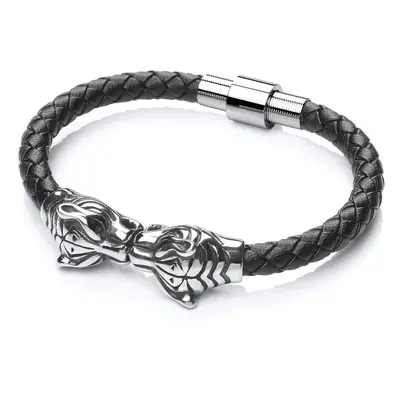 Jewelco London Mens Rhodium Plated Stainless Steel Black Leather Tiger Head Cuff Bracelet 17mm i