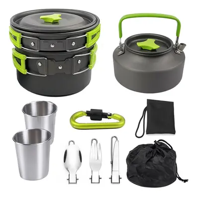 (Green) Person Camping Cookware Set Portable Outdoor Tableware Kit Campfire Kettle Pot Folding F