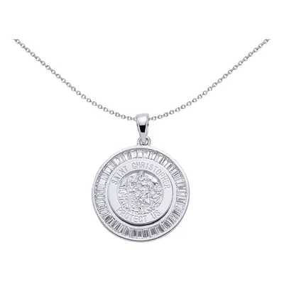 Jewelco London Ladies Sterling Silver Baguette Cubic Zirconia St Christopher Halo Medallion Neck