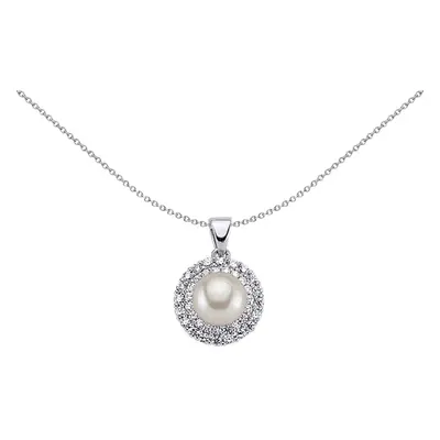 Jewelco London Ladies Sterling Silver Cubic Zirconia & Simulated Pearl Halo Pendant Necklace 8mm