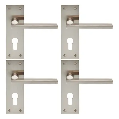 4x PAIR Straight Bar Handle on Slim Euro Lock Backplate x 50mm Satin Nickel