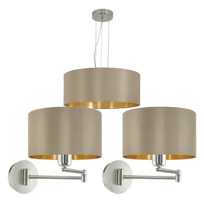 Ceiling Pendant Light & 2x Matching Wall Lights Taupe Gold Fabric Feature Lamp