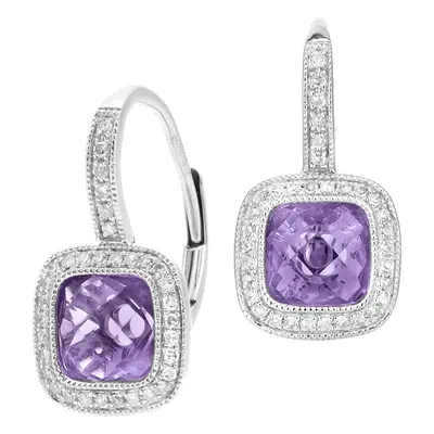 Jewelco London 9ct White Gold Round 20pts Diamond Cushion 2.5ct Amethyst Cocktail Drop Earrings 