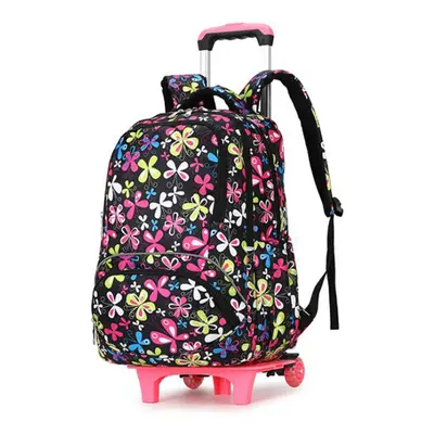 (Flower) 38L Wheels Removable Luggage Trolley Backpack Rucksack Student School Bag Outdoor Trave