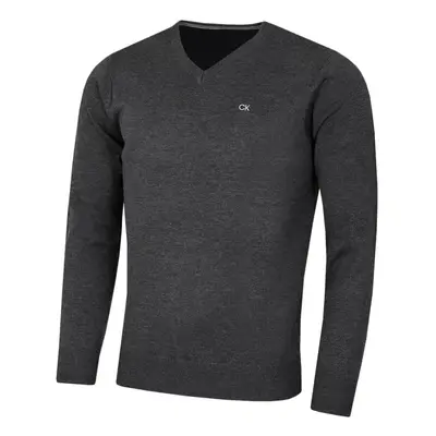 (L, Charcoal Marl) Calvin Klein Mens V-Neck Soft Cotton Easy Care Sweater