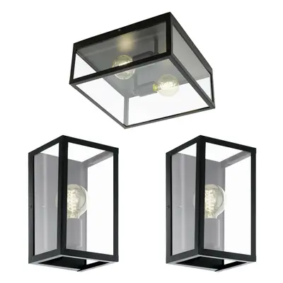 Low Ceiling Light & 2x Matching Wall Lights Black & Clear Glass Modern Box Lamp