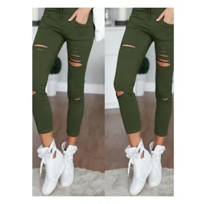 (Army Green, XL) Women Causal Holes High Waist Loose Solid Skinny Jeans