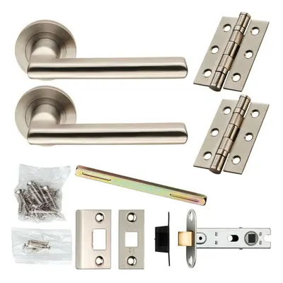 Door Handle & Latch Pack Satin Steel Slim Straight Lever Screwless Round Rose