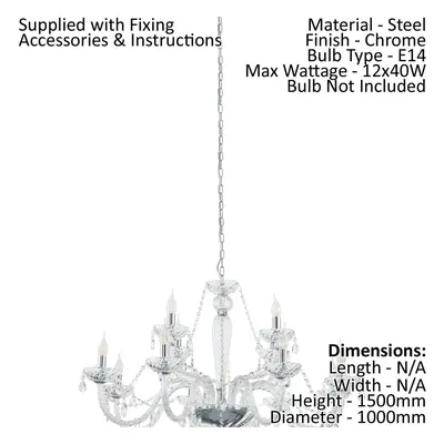 Chandelier Light Chrome Plated Steel & Clear Glass Droplets Bulb E14 12x40W