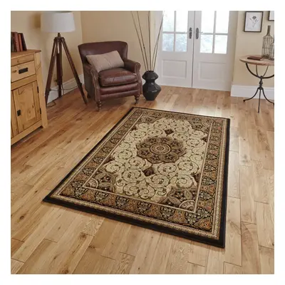 (80x140cm) Heritage Traditional Medallion Rugs in Black Cream Soft Powerloomed Mats