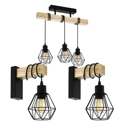 Ceiling Spot Light & 2x Matching Wall Lights Black Wire Cage & Wood Trendy Lamp