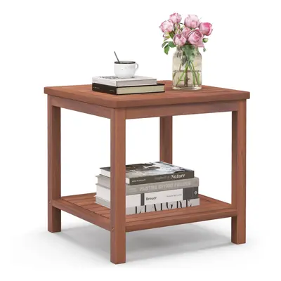 2-Tier Wooden Side Table Portable Rectangular Table w/ Slats