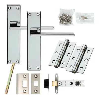 Door Handle & Latch Pack Chrome Sleek Flat Lever Backplate Full Set x 40mm