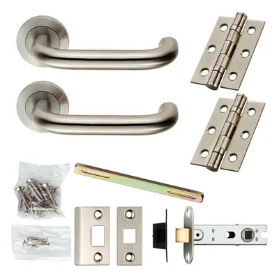 Door Handle & Latch Pack Satin Steel Round Safety Lever Screwless Round Rose