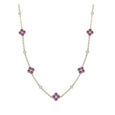 Jewelco London 14k Gold-plated Silver Red CZ Alternating Clover Cluster Solitaire Station Neckla