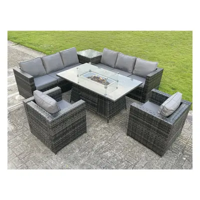 Fimous Rattan Garden Corner Furniture Gas Fire Pit Dining Table Gas Heater Set Side Table Seater