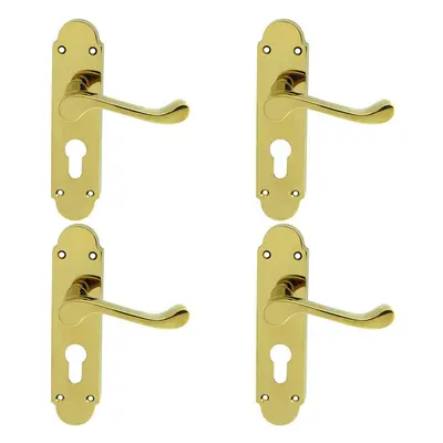 4x PAIR Victorian Upturned Lever on Euro Lock Backplate x Polished Brass