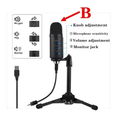 (B) USB Condenser Microphone Tripod Bracket Game Voice Live Recording Real-time Monitoring Compu