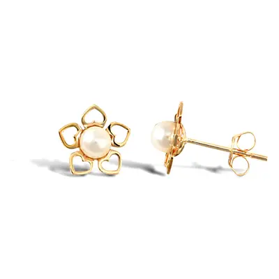 Jewelco London Ladies 9ct Yellow Gold Freshwater Cultured Pearl Flower Stud Earrings 3.5-4mm - J