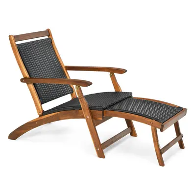 Folding Acacia Wood Lounge Chair with Retractable Footrest