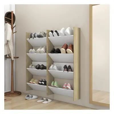 vidaXL 4x Wall Shoe Cabinets White&Sonoma Oak Chipboard Shoe Shelf Cabinet