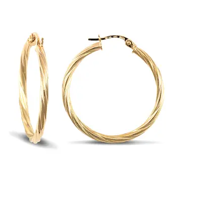 Jewelco London Ladies 9ct Yellow Gold Twisted 2.5mm Hoop Earrings 30mm - JER560D