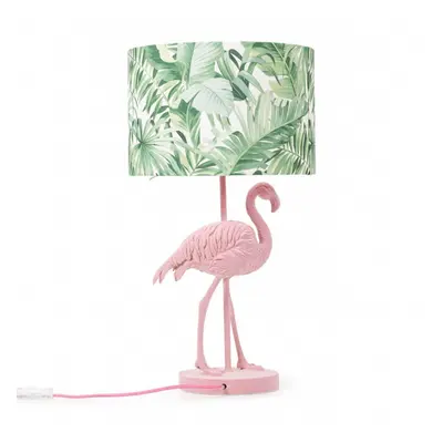 Pink Velvet Flamingo Table Lamp Tropical Palm Leaf Drum Shade Light + LED