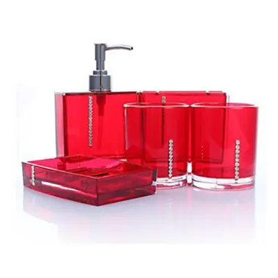 (Red) 5Pcs Bathroom Accessories Set Cup Toothbrush Holder Soap Dish Dispenser Bottle Washroom Ac