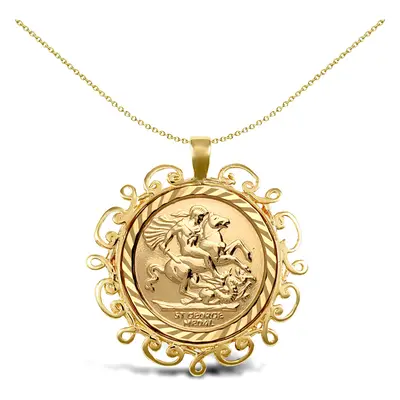 Jewelco London Solid 9ct Gold Scroll Frame St George & Dragon Medallion Pendant (Full Sov Size) 