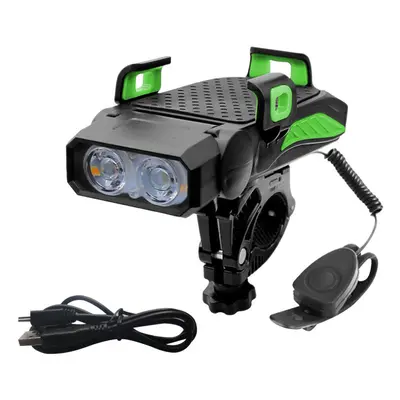 (Green) Bicycle LED Light USB Rechargeable Horn Phone Holder in