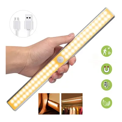 (60 LED, Warm Light) LED Closet Light USB Rechargeable Under-Cabinet Lamp Wireless Motion Sensor