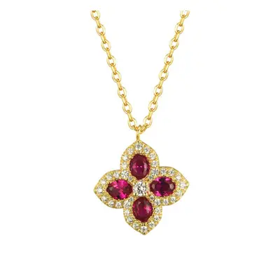 Jewelco London 14k Gold-plated Silver Red Oval CZ Pointed Quatrefoil Clover Pendant Necklace - A