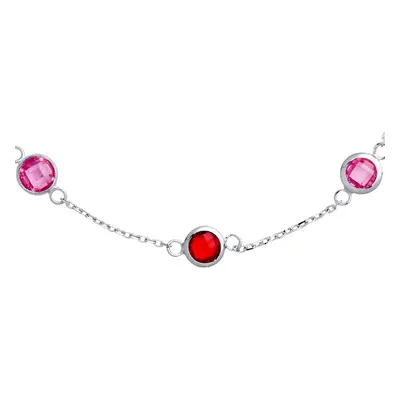 Jewelco London Ladies Rhodium Plated Sterling Silver Pink Red CZ Bubbles By The Inch Station Cha