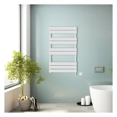 (White, 1000x600mm) Prefilled Electric Heated Towel Rail Radiator Flat Panel Warmer Ladder