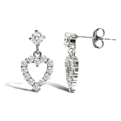 Jewelco London Ladies 9ct White Gold White Round Brilliant Cubic Zirconia Love Heart Stud Drop E