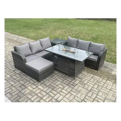 Fimous Garden Patio Furniture Wicker Rattan Gas Fire Pit Table and Sofa set with Side Table Big 