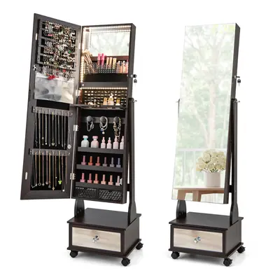 Lockable Jewelry Armoire w/Full-Length Mirror 3-Color Light & Drawer Adjustable Angles