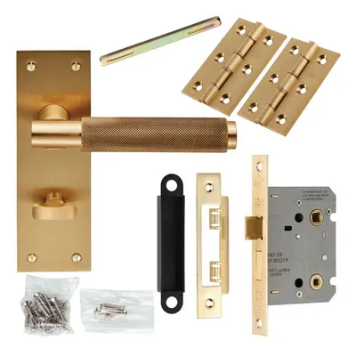 Door Handle & Bathroom Lock Pack Satin Brass Knurled Lever Turn Backplate